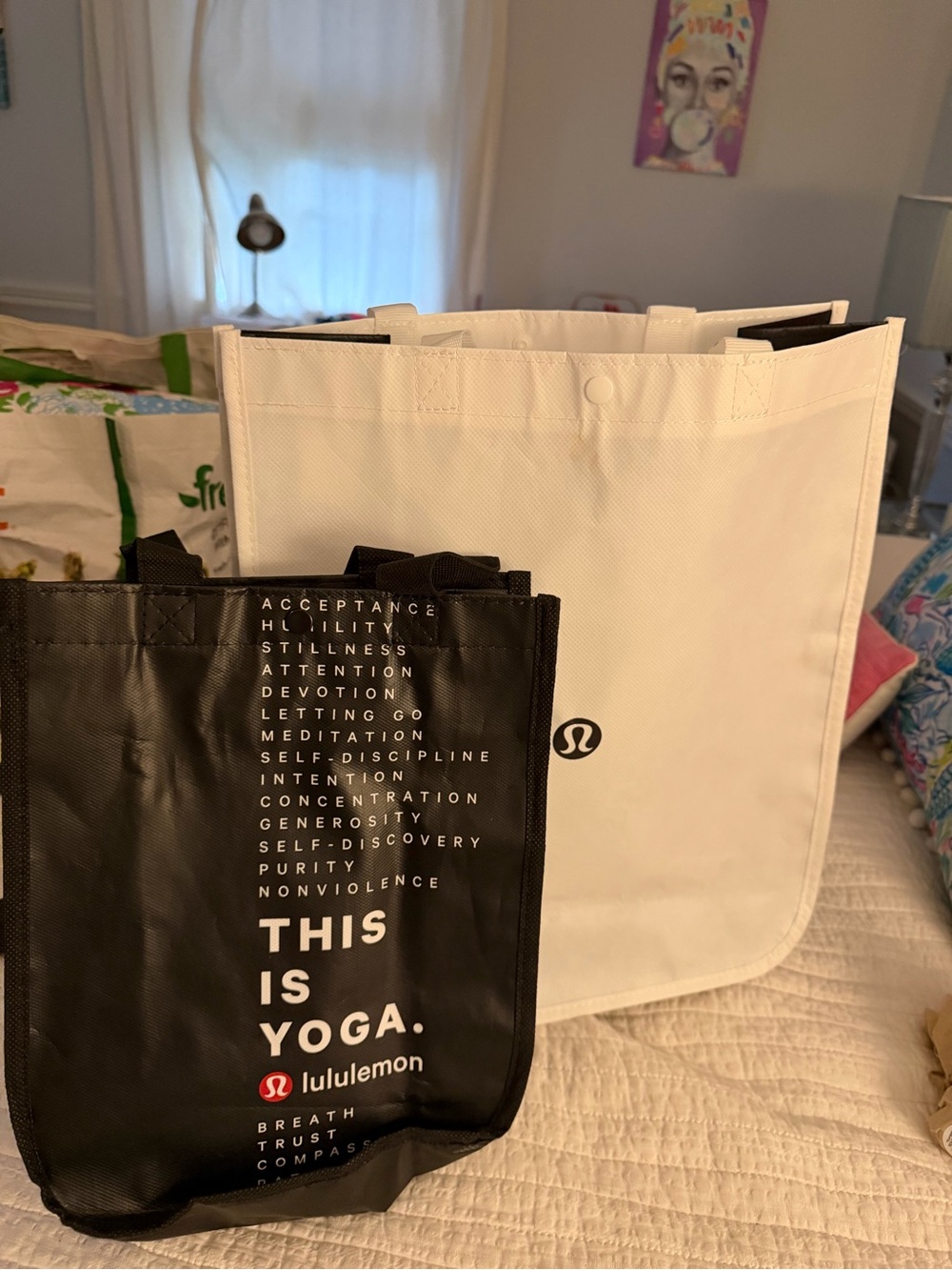 Lululemon Reusable‎ Shopping Bags White Black Logo Totes Set of 2
